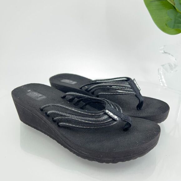 Teva Women's Adapto Sandal Size 6 Wedge Thong Slide Black Flip Flop - Picture 1 of 10